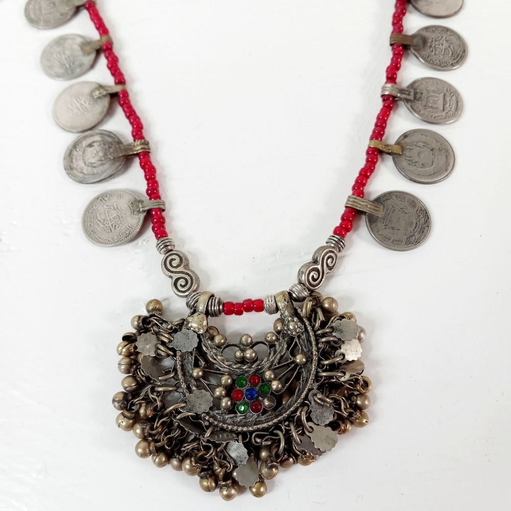 Afghan coin necklace, red beads, latch multicolor pendant